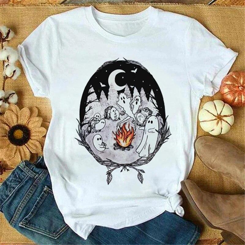 Weißes Sommer Damen T-Shirt Play Trick Art Druckdesign Übergroß Kurzarm Komfort Damen T-Shirt Y2K Grafik ALLERHEILIGENTAG