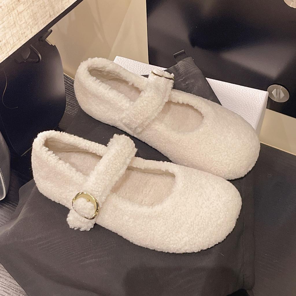 Damsko Ballerinas Mode 2026 Rund Tå Varma Plysch Loafers Dam Fluffiga Mary Jane Skor Bekväma Halkfria Vardagsskor