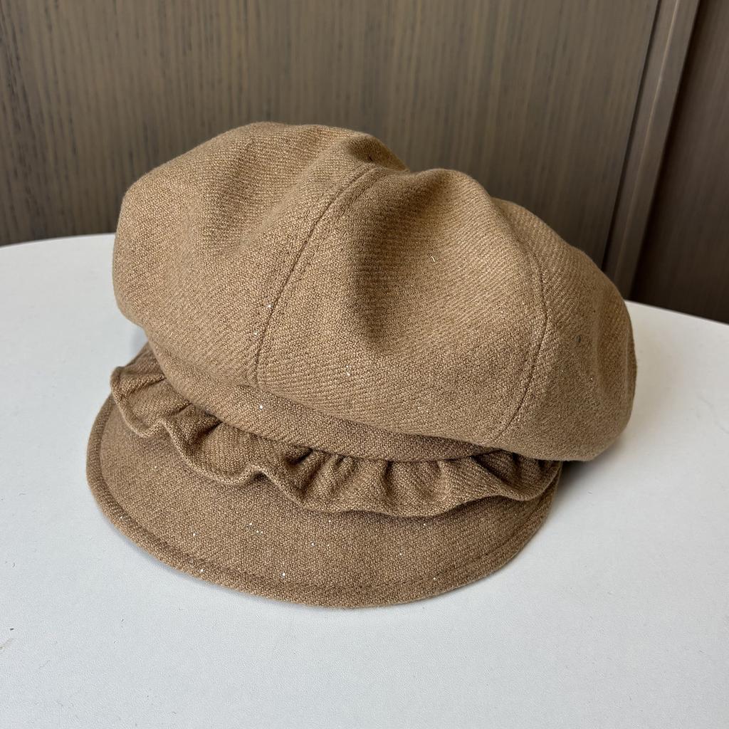 Sweet lace pleated sequined woolen octagonal hat female winter retro age reducing painter hat showing face small bud hat