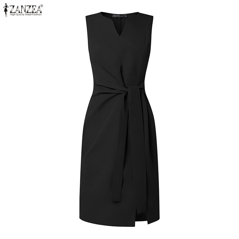 ZANZEA Womens Elegant V Neck Sleeveless Office Work Sheath Dress Belted Twisted Bodycon Dress