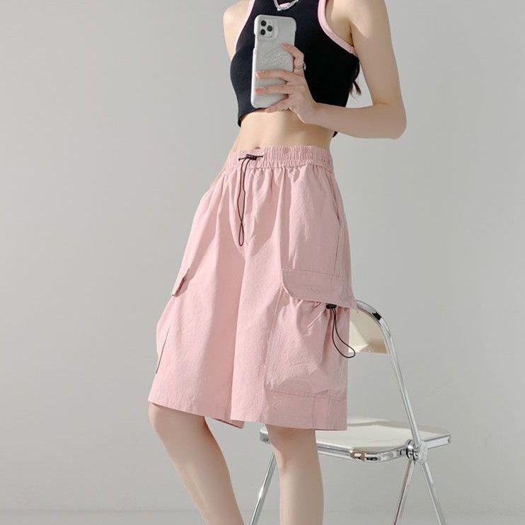 Women s Petite High-Waisted Loose Fit Summer Workwear Shorts - American Style, Wide Leg Capri with Drawstring and Large Pockets. XL розовый