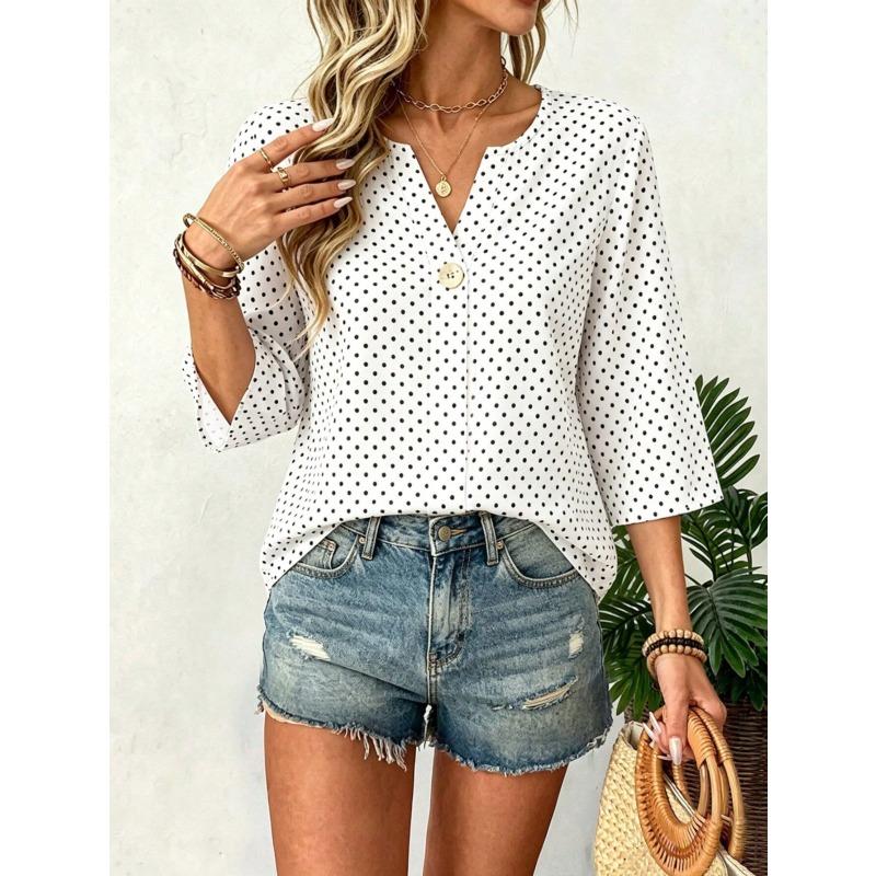 Summer New V-neck Three-quarter Sleeve Loose-fitting Shirt for Women - Solid-colored Striped Casual Business Blouse