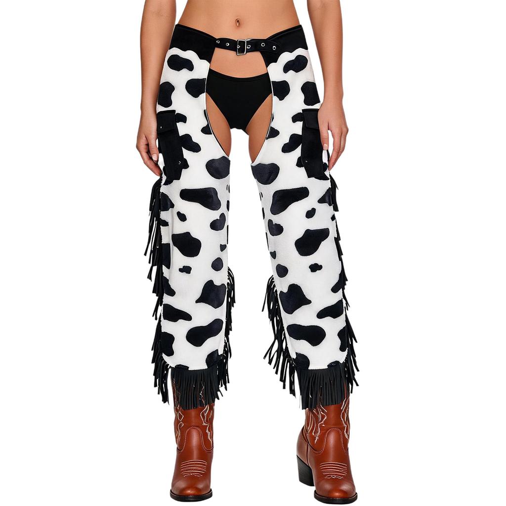 Cowboy Fringe Chaps Pants Cow Pattern Flannel Tassel Patchwork Adjustable Waist Trousers for Men Western Vintage Party Outfit