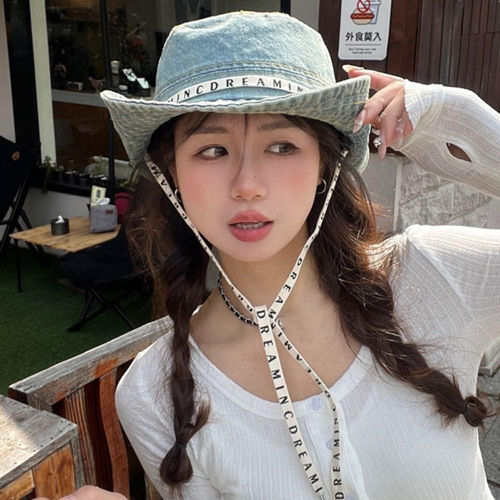 Big Brimmed Denim Bucket Hat Letter Sunscreen Hat Retro Jeans Fisherman Hat  Travel
