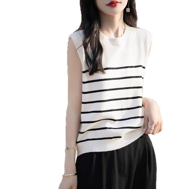 

Полосатый безрукавный вязаный свитер Andy Velvet, летний тонкий жилет на бретелях и маленькая блузка XXL бежевый