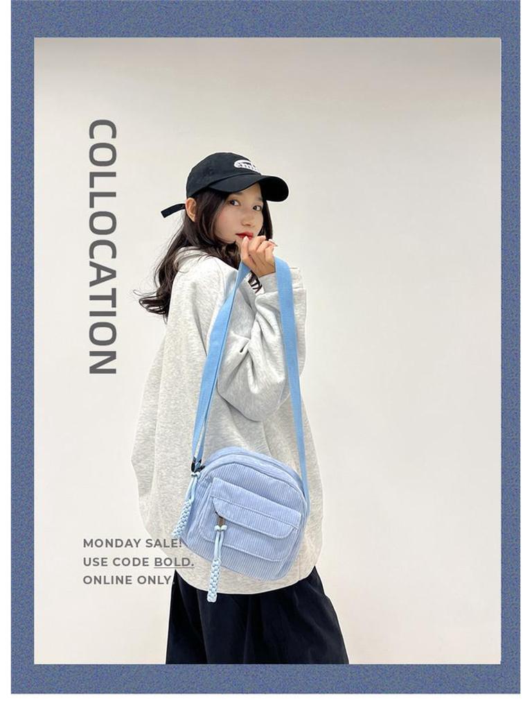 Torba na ramię i crossbody z sztruksu na wiosnę 2024 dla dziewcząt - Styl kampusowy, Jednolity kolor, Mała, Modna