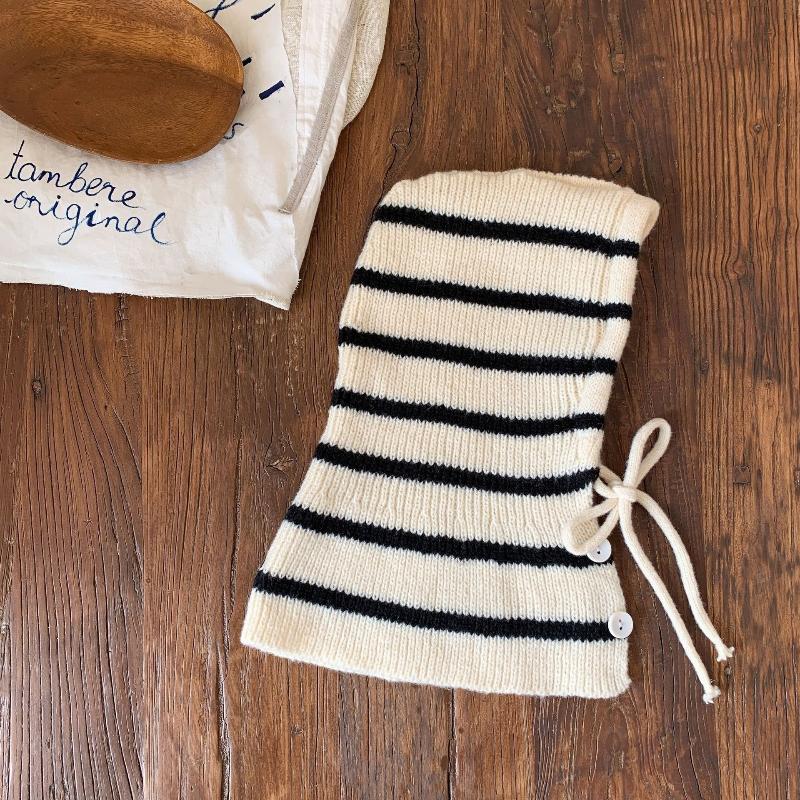 Baby Striped Balaclava Hat Warm Knitted Beanie Cap Kids One Piece Pullover Hats Children Winter Ear Protection Hooded Beanies