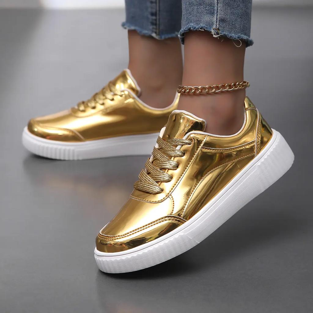 Fashion Womens Pink Gold Platform Sneakers Autumn Fashion Casual Sports Shoes Thick Bottom Vulcanized Shoes Woman Flats Heels Shoes