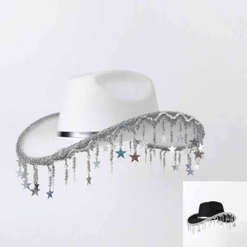 Shimmering Sequins Star Fringe Cowboy Hats Woman Female Lightweight Cowboy Hats Western Party Hat Male Windproof Hat
