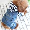 1pc Pet Clothes Dog Jumpsuit Stripe Hooded Denim Suspenders Puppy Outfit Durable Wearable For Outdoor Sleeping Photos