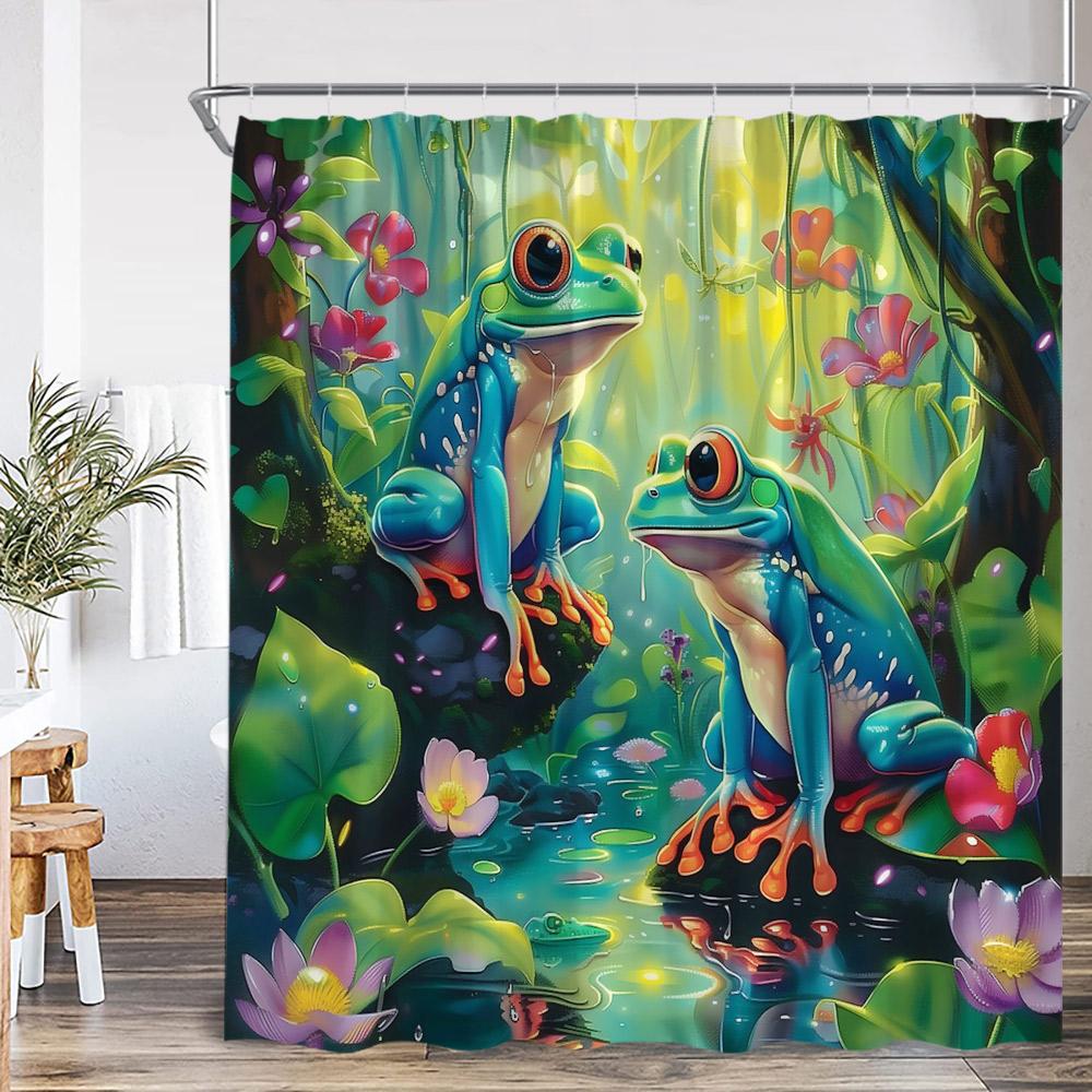 Frog Shower Curtain Summer Rainforest Tropical Forest Animal Flowers Nature Bathroom Decor Natural Bath Curtain with Hooks