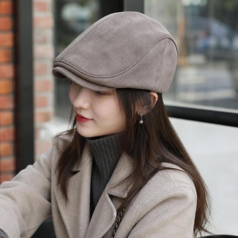Solid Color Winter Forward Hat Warm Retro Flat Cap Unisex Suede Newsboy Cap Daily