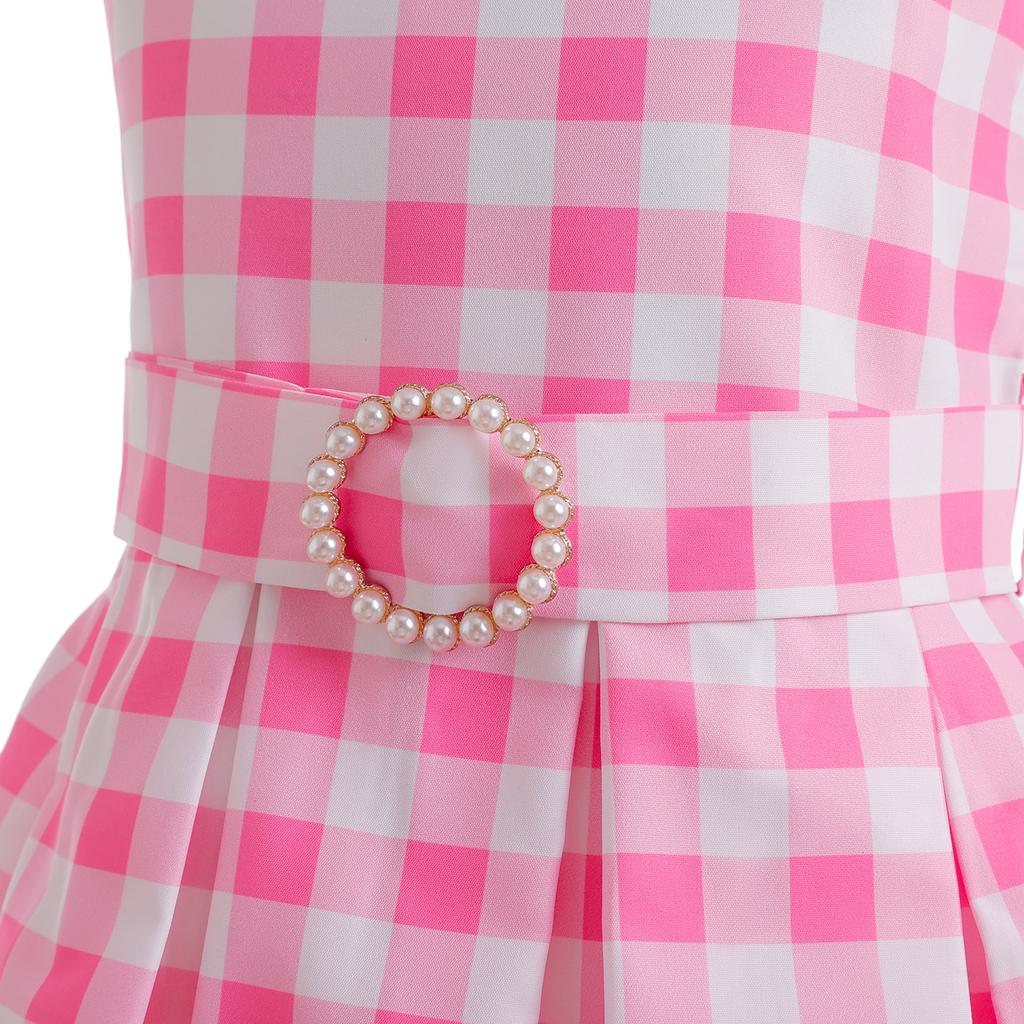 Children Cosplay Movie Clothes Princess Dress Girls Suspender Plaid Waist Fashion Pink Long Dresses with Bow Hair Accessories