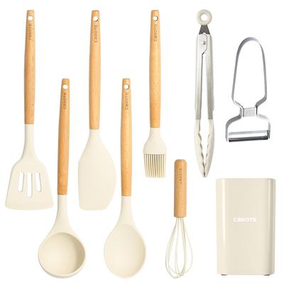 CAROTE Kitchen Tool Set 9 Pieces Silicone Cooking Utensil Spatula Ladle Tongs Whisk Turner Brush Shallow Spoon Peeler Stand High Heat Resistance Beige
