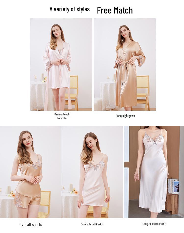 Women's Embroidered Silk Robe & Nightgown Set: Long Camisole, Multi-piece Mulberry Silk Sleepwear