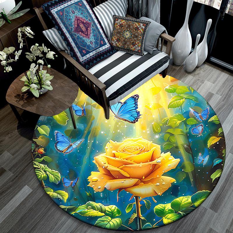 1pc Soft, Absorbent & Non Slip Roses and butterflies in the sun Round Rug Soft Circle Rug for Living Room & Bedroom Decor, Chair Mats, and U