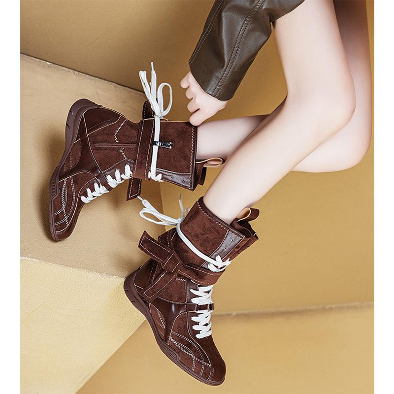 Fashion Spring Autumn Shoes Women Mid-Calf Boots Non-slip Retro Style Soft Comfortable High Top Ladies Height Increasing Shoes 5cm D528