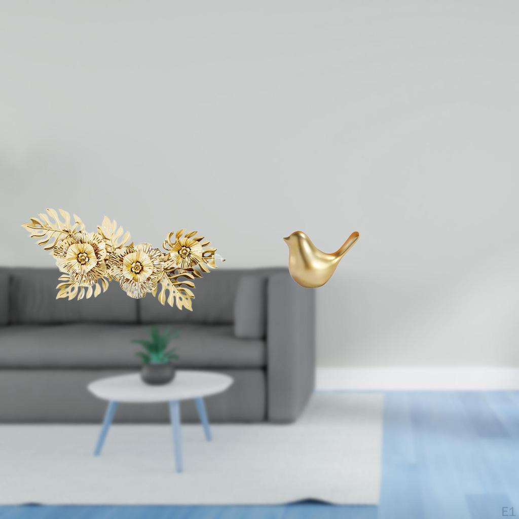 Nordic Metal Wall Art Sculpture with Flower Leaves And Golden Birds Figurine Modern Decorative