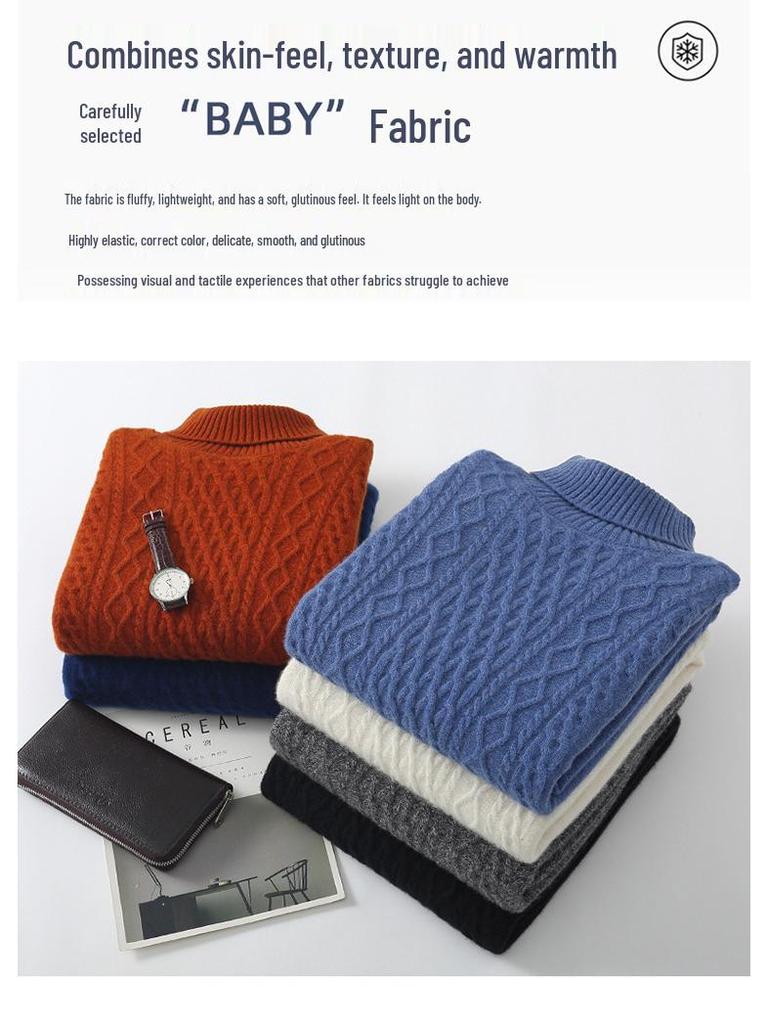 Men's High Neck 100% Wool Sweater - Thick, Cozy Knit for Casual or Business Wear