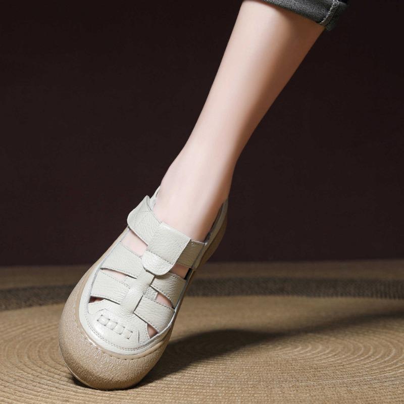 

Summer new first-layer cowhide woven hollow sandals soft sole lightweight thick-soled bag head women s shoes 35 бежевий