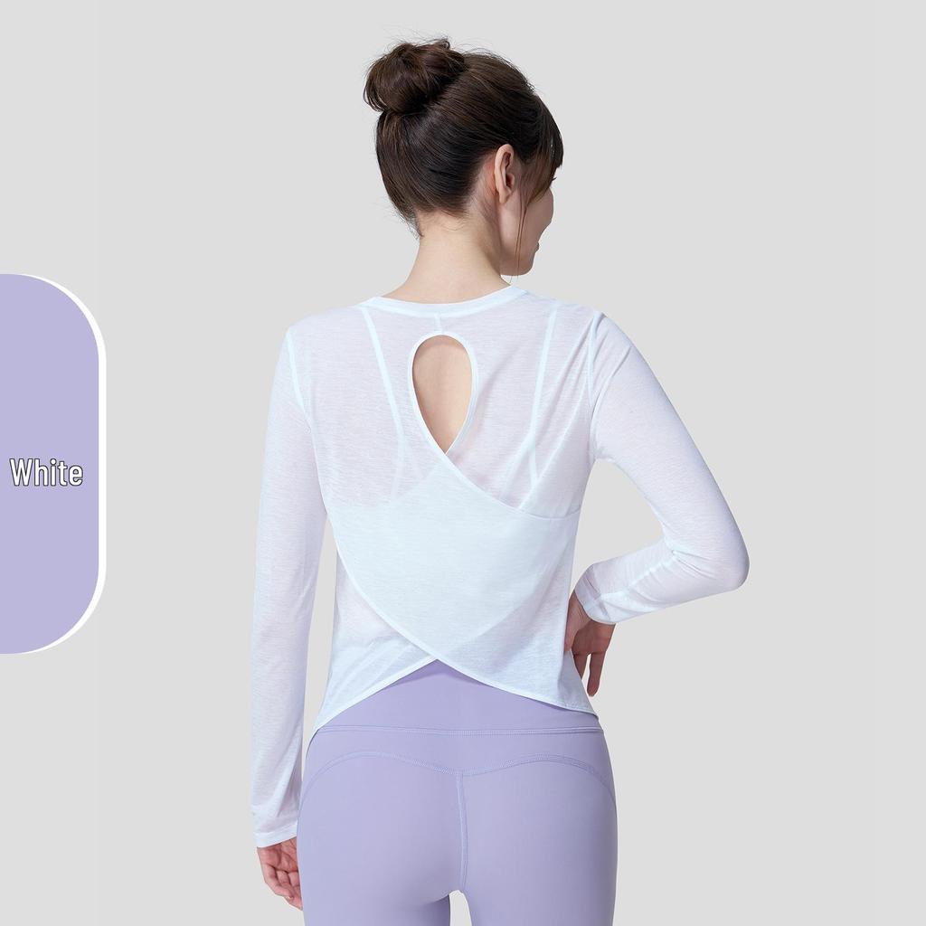 Women's Bamboo Yarn Quick-Dry Long Sleeve Yoga Top with Back Cross Design