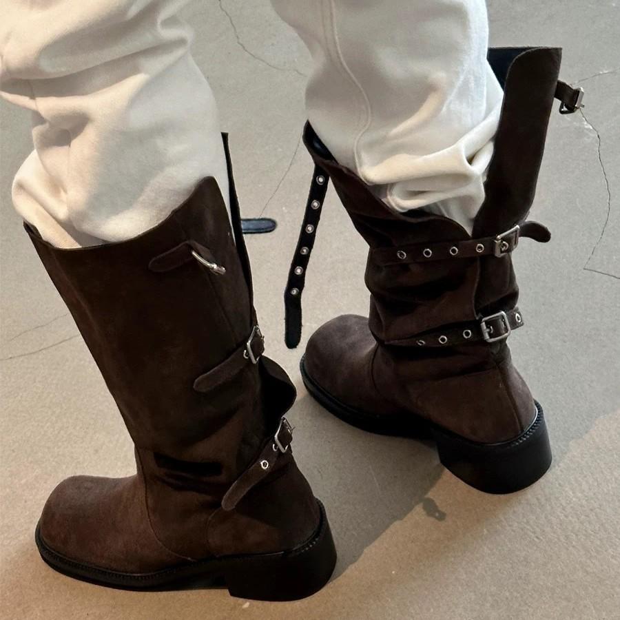 Cowhide Version~ Retro Niche Belt Buckle High Knight Boots Women's 2025 New Thick Heel Boots Cowboy Boots