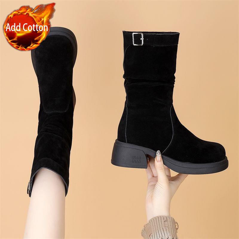 

Женские полусапоги на среднем каблуке с круглым носком, осенне-зимние, на флисовой подкладке, на платформе, женские ботинки до середины икры, шикарные и элегантные 40