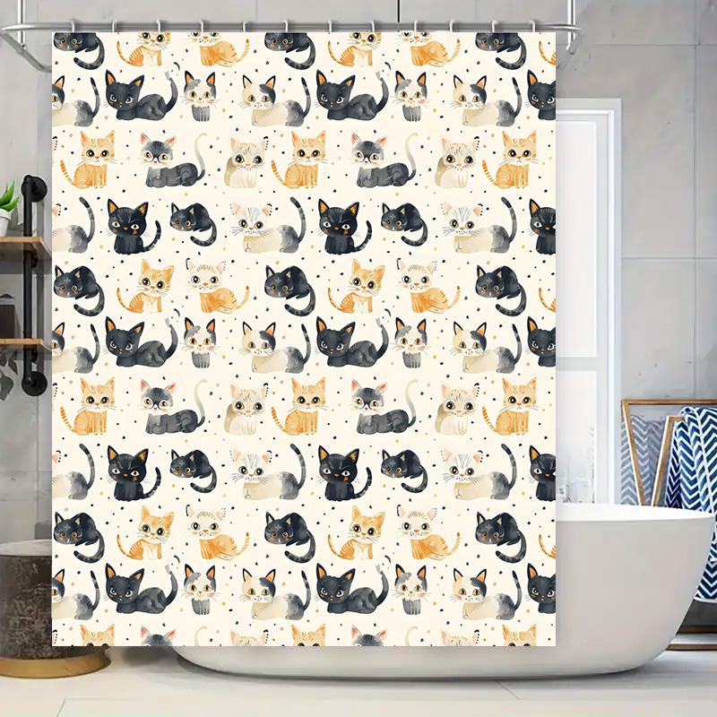 Watercolor Cat Shower Curtain Black White Gray Yellow Orange Grey Red Design Fabric Waterproof Bathroom Decor Custom Size Availa