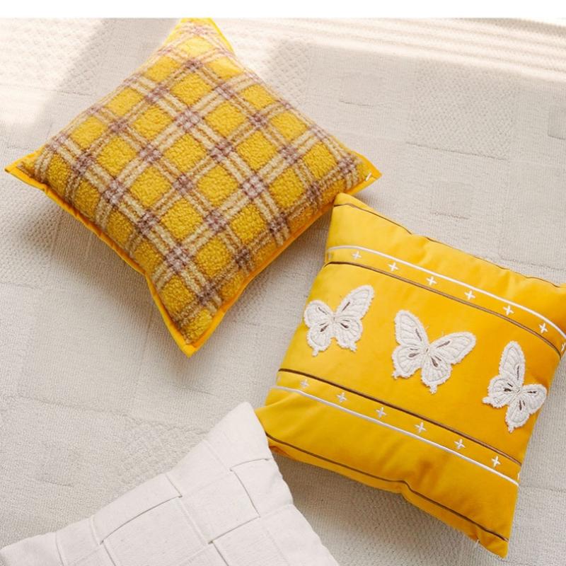 Embroidered Cushion Cover Yellow Butterfly Decorative Pillows for Sofa,45x45 Summer Pillowcase with Flowers for Backrest Support