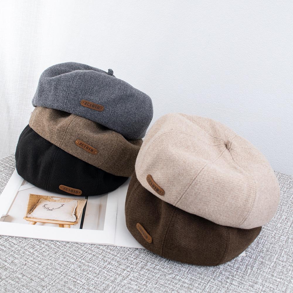 Autumn and winter thick woolen beret girls solid color pumpkin hat brown literary and retro face small painter hat
