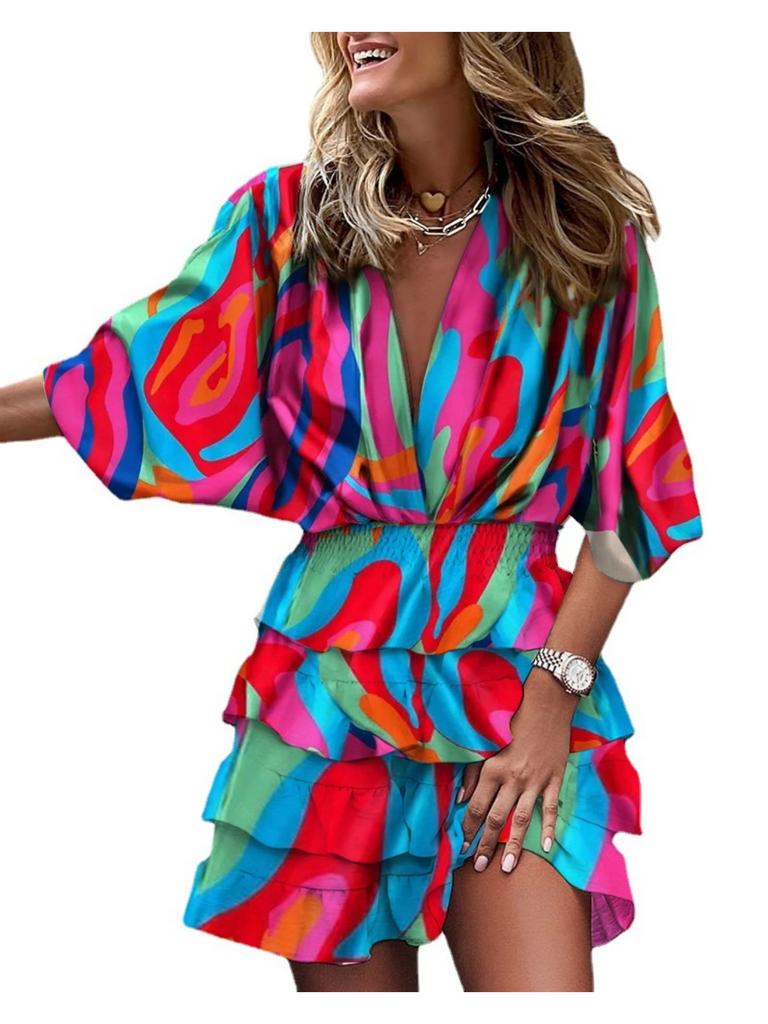 V Neck Print Flower Dress Waist Hugging  Elegant Pleated Dress for Women Short Sleeve Loose Dresses Causal Dress