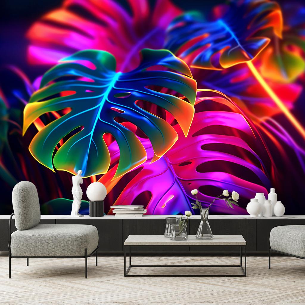 Wallpaper Monstera Fluorescent Leaves