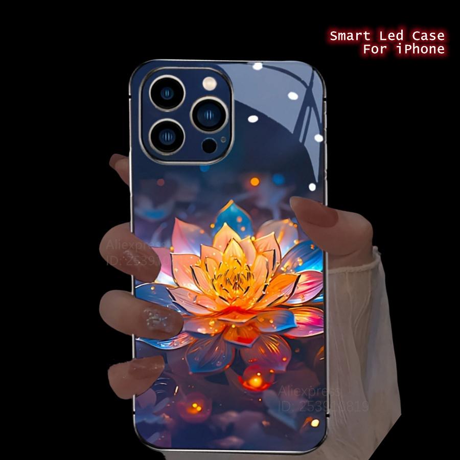 Colorful Lucky Lotus Flash Flower Phone Case For iPhone 13 Case 16 Pro Max 16e 15 11 14 13 12 XR LED Shine Carcasa Glass Cover
