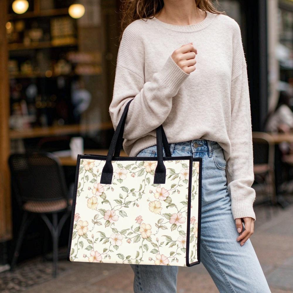 Floral Pattern Tote Bag Casual Portable Shoulder Bag for Daily Shopping Use