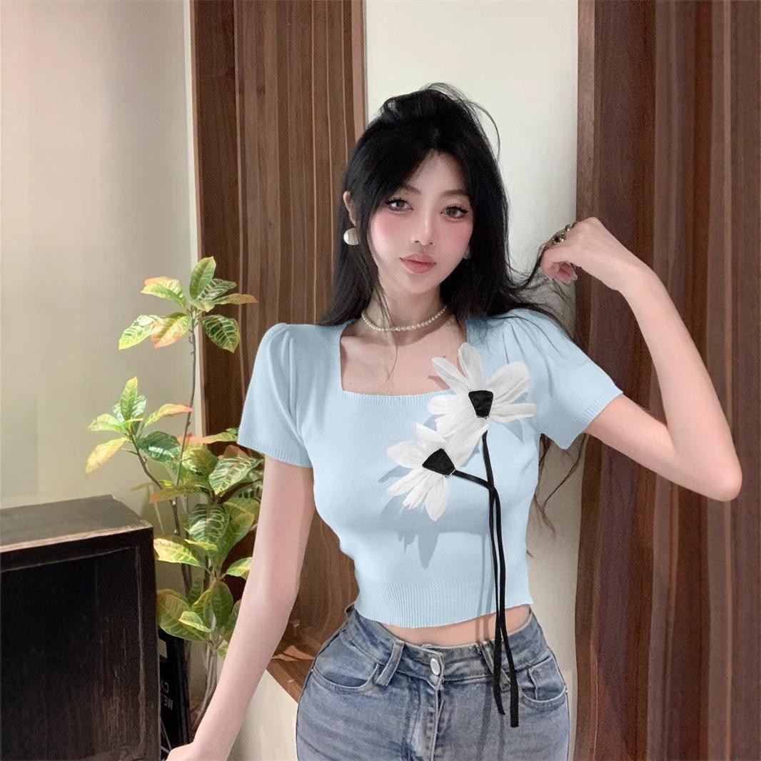 

3D Floral Tassel Sweetheart T-Shirt, Women’s Straight Shoulder Short Sleeve, Summer Fashion Square Neck, Knitted Slim Fit, Hot Girl Top One Size [Premium Version] абрикосовий