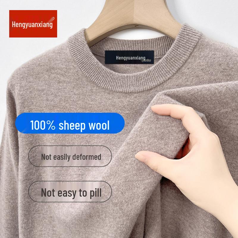 Hengyuanxiang Men's 100% Pure Wool Pullover, Round Neck, Thickened Winter Sweater for Middle-Aged Dads.