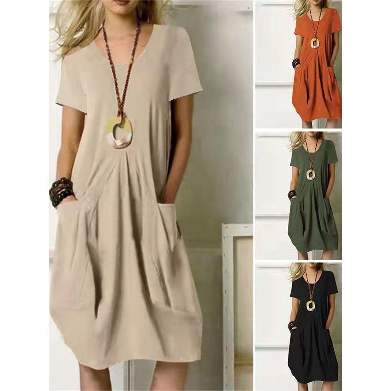 Solid Color Short Sleeve Pocket Dress Pure Color Short Sleeve Pocket Dress