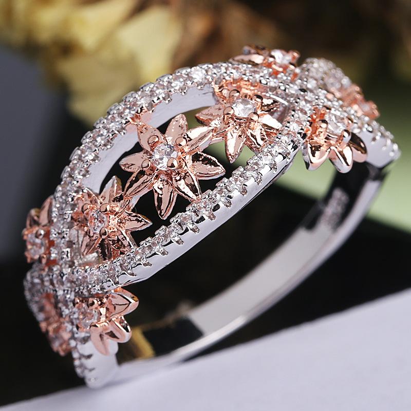 Color Separation Micro-Set Ring For Women, 18K Rose Gold-Plated Flower-Set Diamond Ring