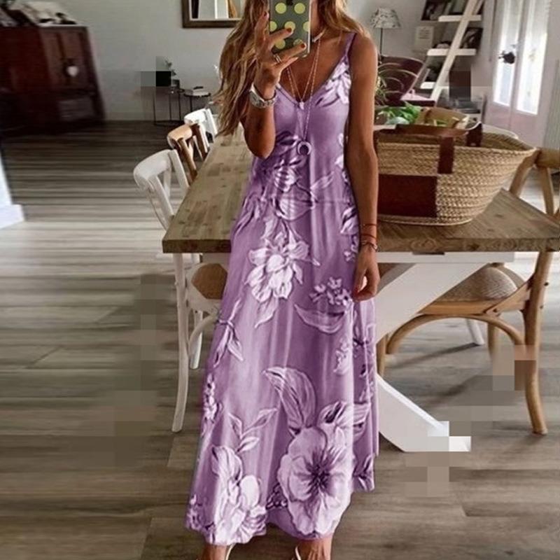 Fashion Loose Printed Suspenders Long Dress Women V Neck Plus Size Casual Simple Floral Maxi A-line Party Dresses Summer Spring Streetwear Clothing