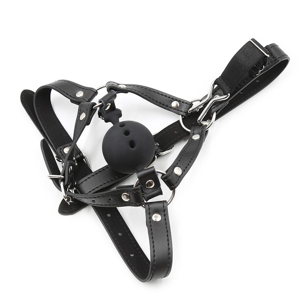 Leather Bondage Toys Open Mouth Gag with Silicone Ball Bondage Restraints Bite Gag Adult Sex Toys