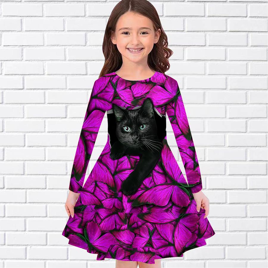 Fata ocazional pisica neagra imprimeu fluture rochie cu gat rotund cu maneca lunga rochie printesa copii