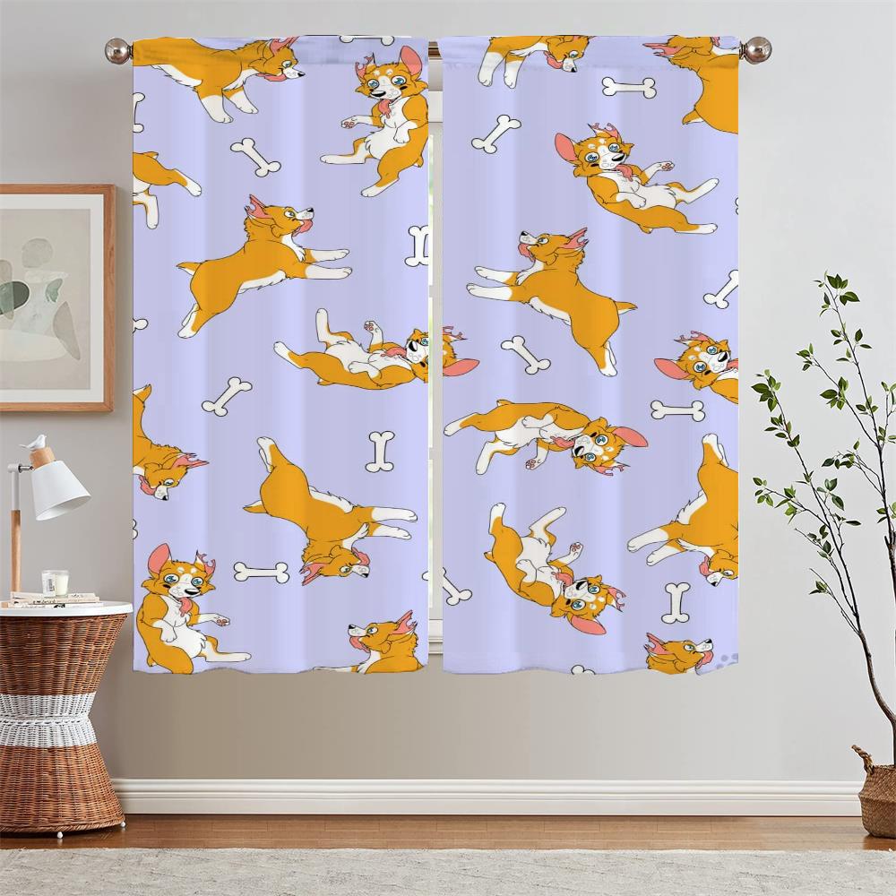 Corgi Bedroom Curtains 2 Pieces Luxury Living Room Curtains for Doors Blinds Window Curtain Tiebacks Curls Tulle In Kitchen the