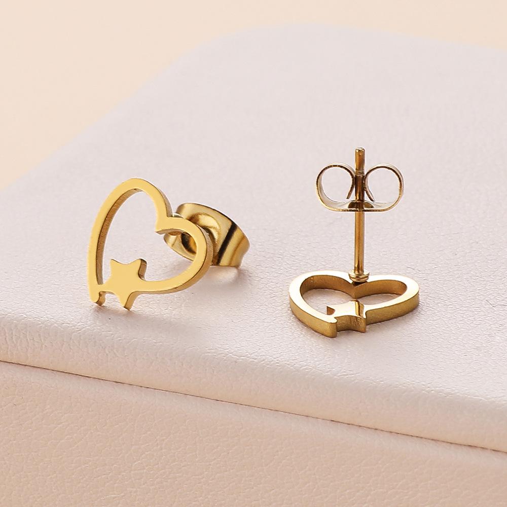 Stainless Steel Love Heart Star Stud Earrings For Women Girls Gold Color Sweet Fashion Ear Zircon Birthday Party Gift Wholesale