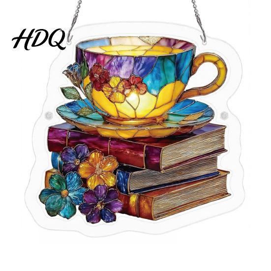 Diamond Acrylic Suncatcher Floral Tea Cup And Book Suncatcher Stained Glass Effect Window Hanging Ornament DIY Durable Sun Catcher Puzzle