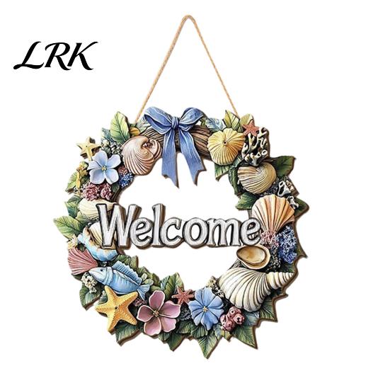 Decorative Shell Starfish Sign Summer Coastal Wooden Wreath, Ocean Welcome Sign, Nautical Easy to Hang Door Decor Front Hanger for Porch, Indoor,