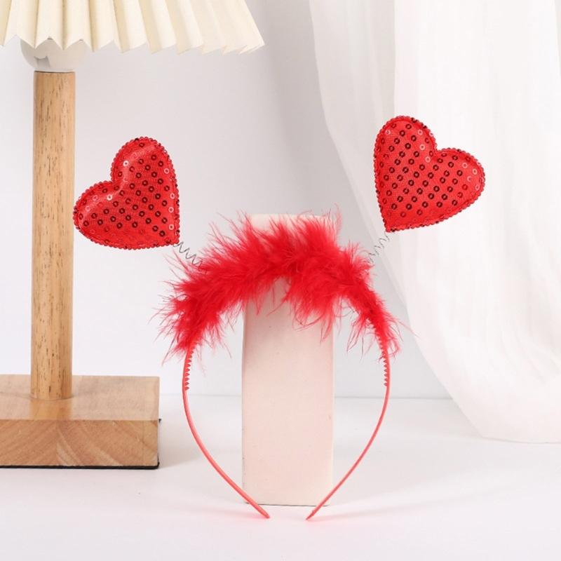 Sequins Heart Hairband Vintage Headband with Feather for Woman Valentines Party