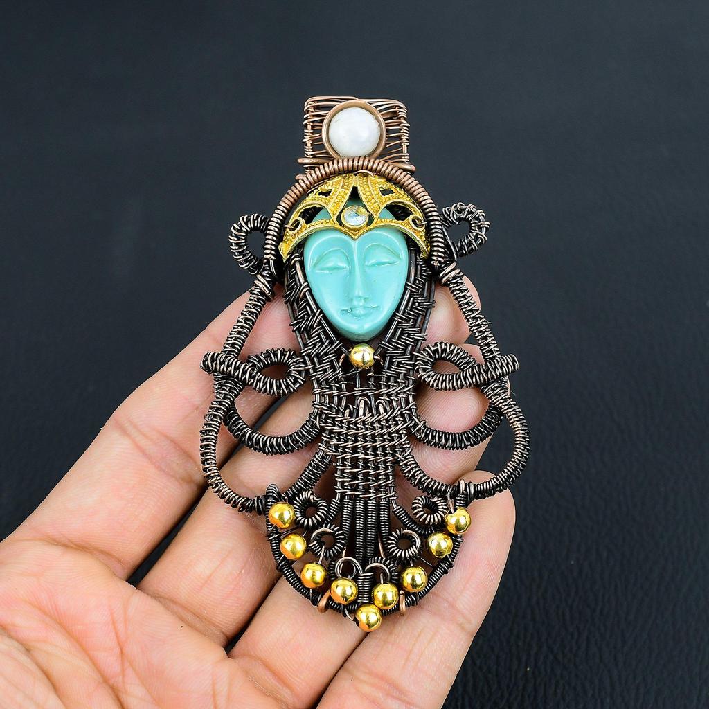 Carved Blue Face & Moonstone Jewelry, 999 Copper Wire Wrapped Pendant Handmade Gemstone Jewelry, Gifts For Wife Brand New Pendant