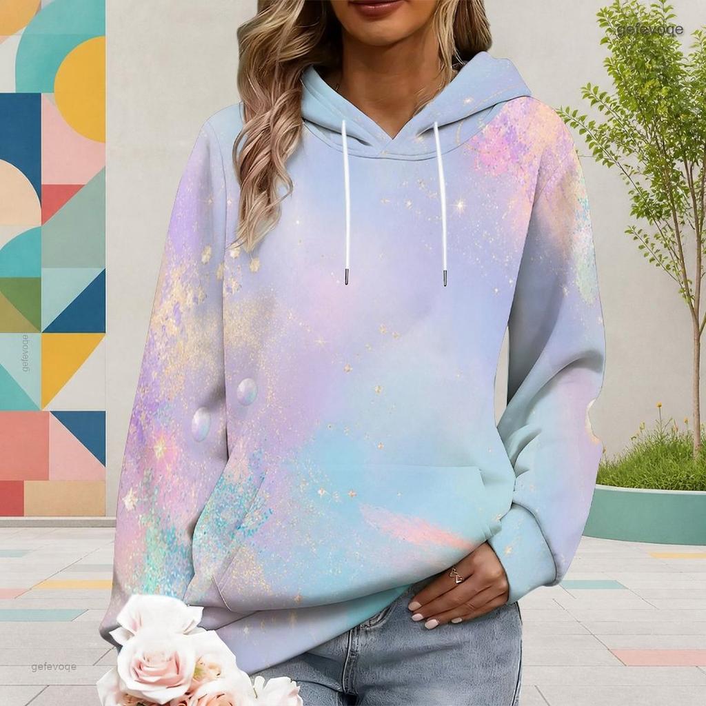 Women Plus Size Long Sleeve Colorful Galaxy Printed Hoodie Pullover With Drawstring Hood Kangaroo Pocket