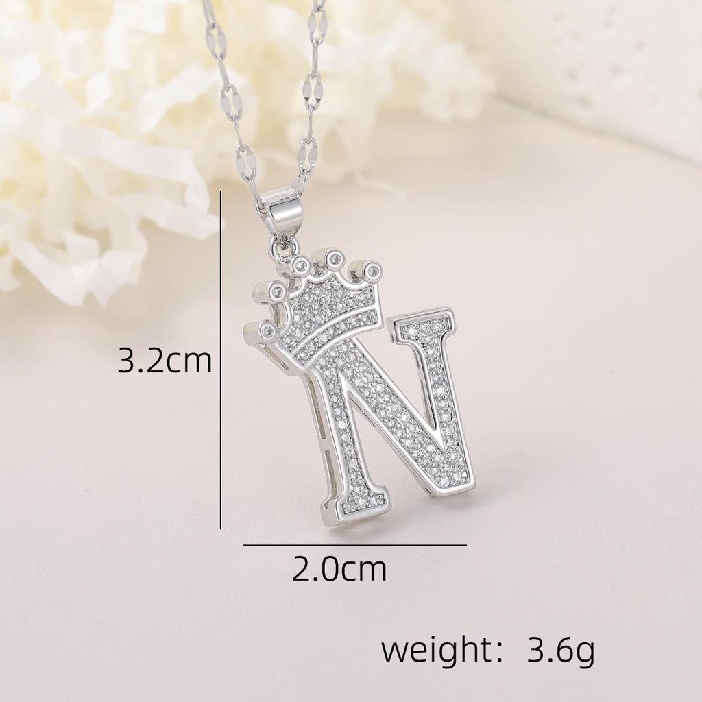 Copper Micro-Inlaid Zircon Crown Letter Pendant Necklace - Hip-Hop Silver Fashion