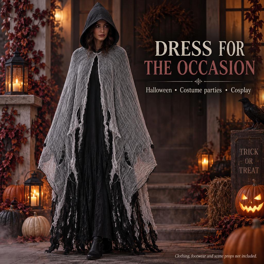 Halloween Hooded Cloak Cape Distressed Gauze Ragged Hem Ghost Grim Reaper Gothic Vampire Costume Robe for Men Women